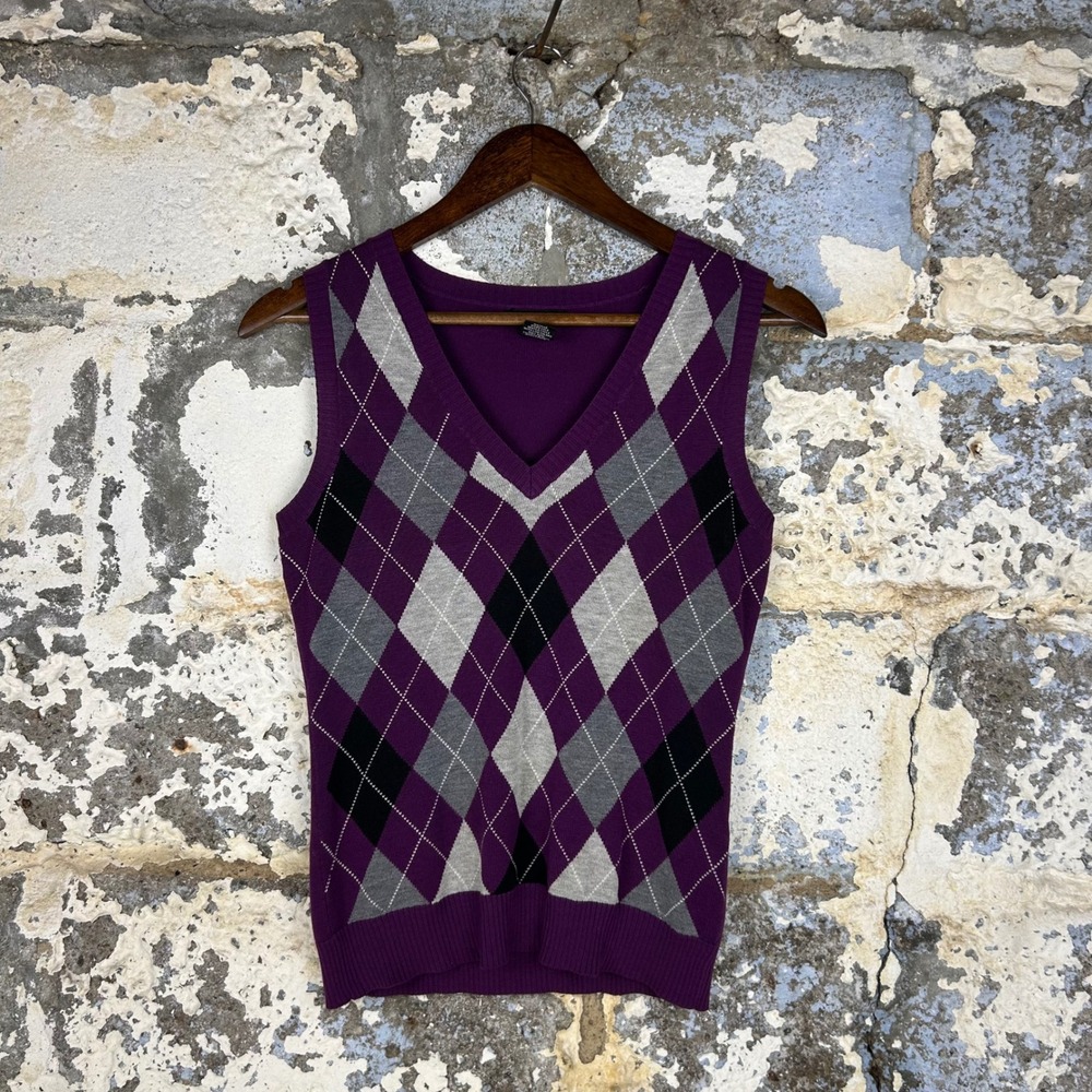 Y2K New York & Company Argyle Sweater Vest Womens XS Purple V-Neck Preppy